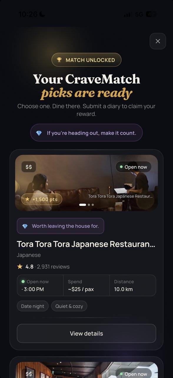 CraveMatch results screen