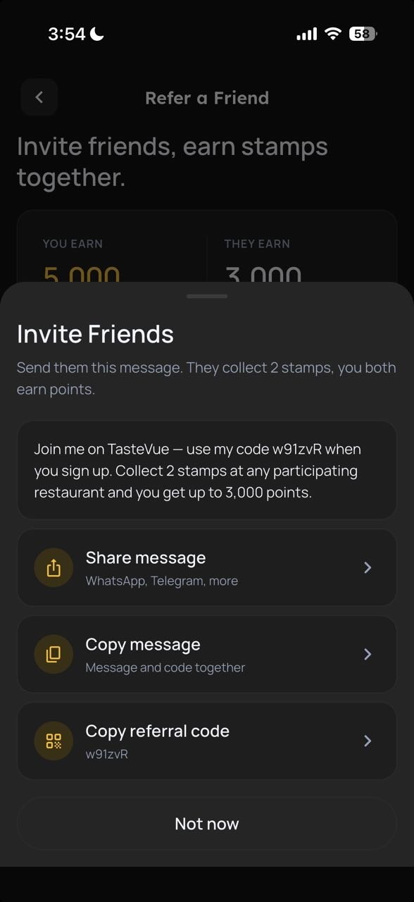 The Invite Friends sheet: share the message, copy the message or copy your referral code
