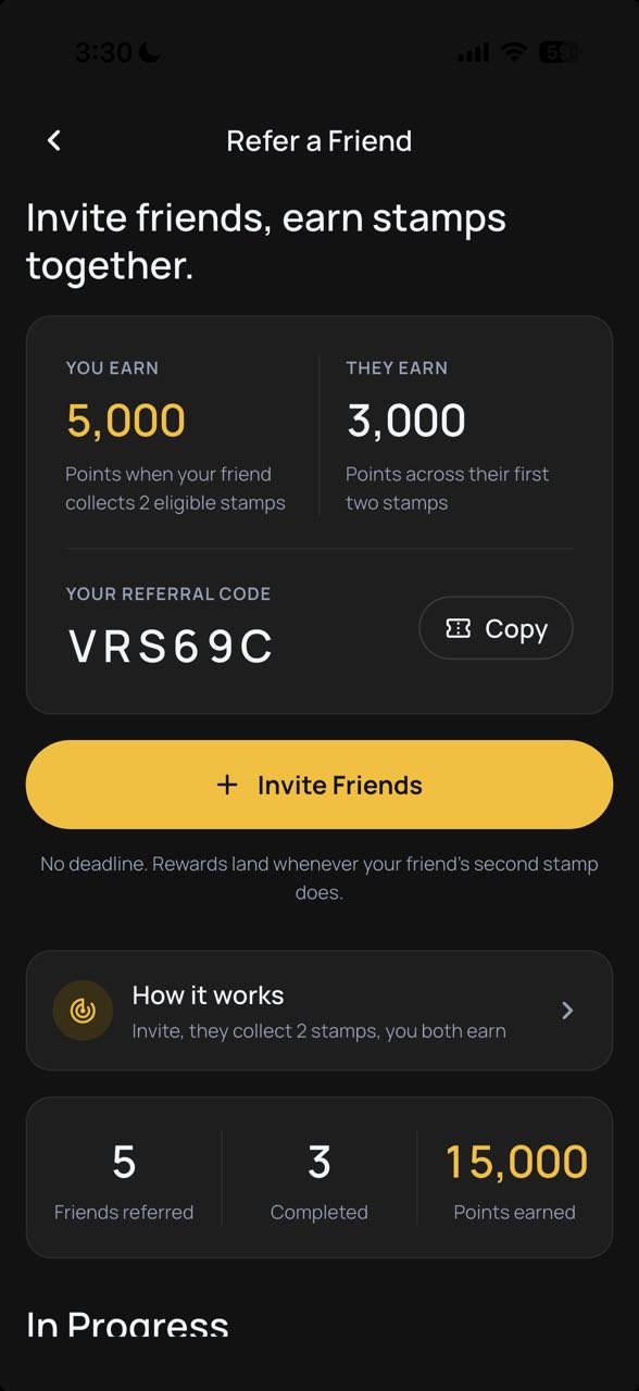The Refer a Friend page in TasteVue: your referral code, what you both earn, and 3 completed referrals worth 15,000 points