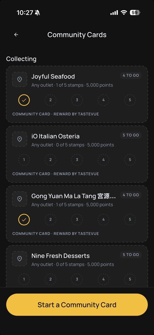 Community cards for four places in the TasteVue app, each worth 5,000 points