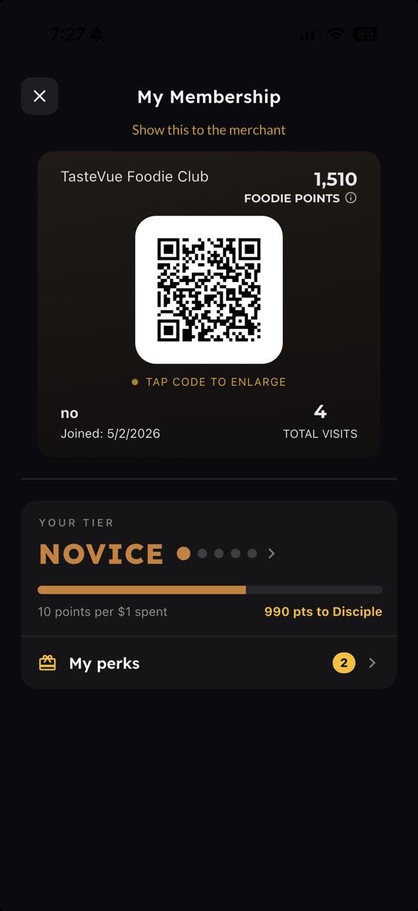 The TasteVue membership card showing foodie points and the Novice foodie level