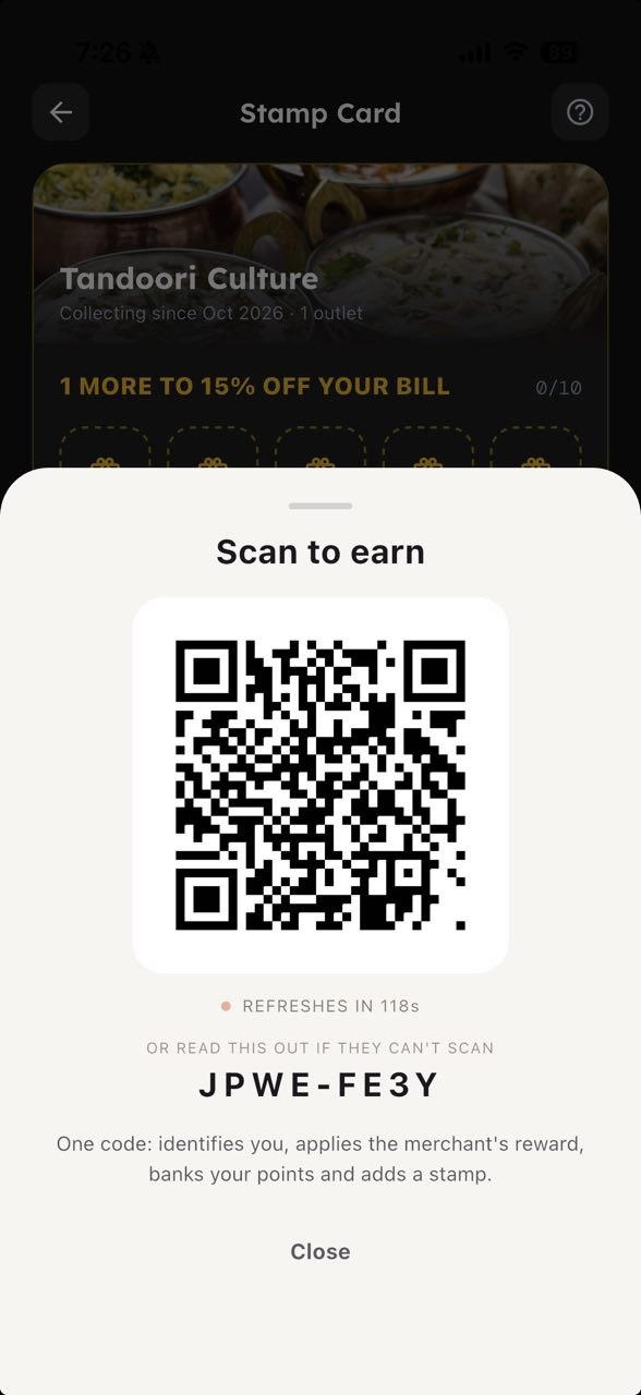 The Scan to earn QR code with an 8-character backup code