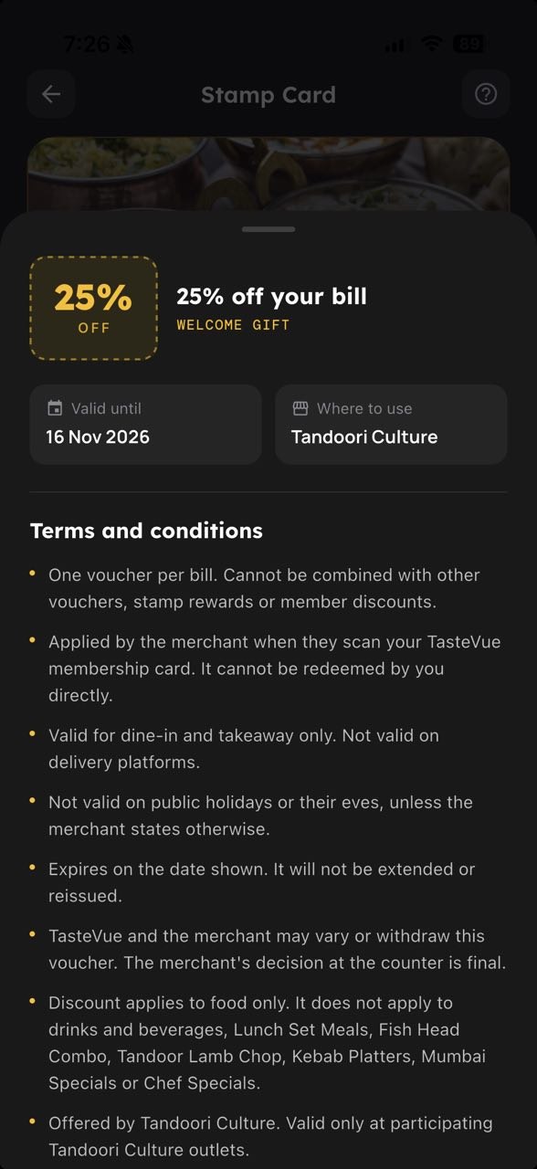 The terms and conditions on the Tandoori Culture welcome gift
